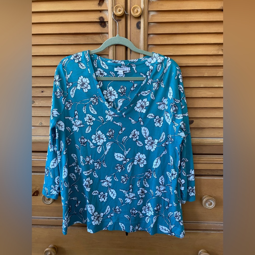 Teal blue cotton top with Van Gogh like branches & blossoms, 3/4 sleeves, XL